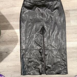 Zara Black Faux Leather Pencil Midi Skirt with Back Slit